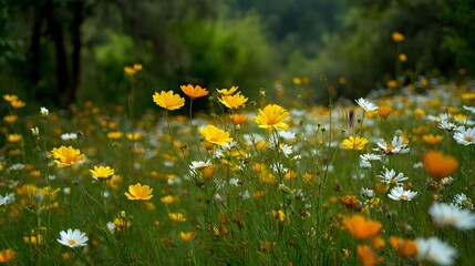 Field of wildflowers with yellow and white blossoms in soft focus.
