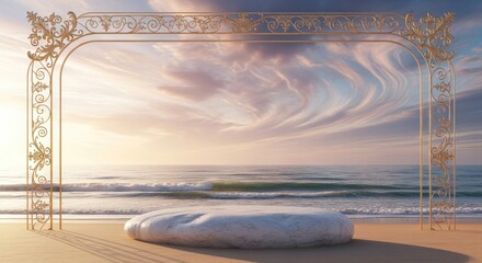 Ornate archway frames marble pedestal on sandy beach with ocean waves and dramatic sunset clouds