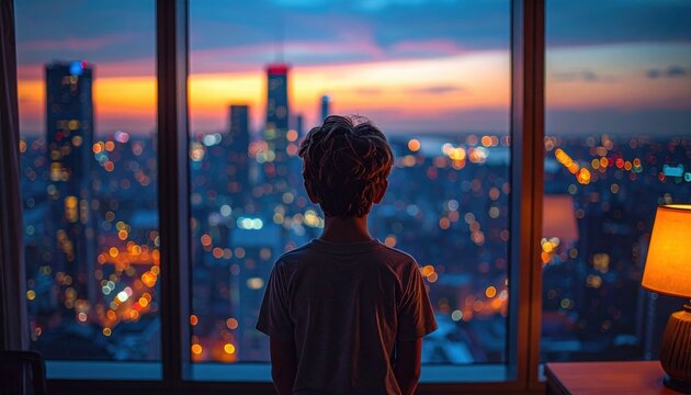 Fictional tween boy silhouetted against dusk skyscraper lights from a living room bay window single lamp glow shaping a quiet city mood