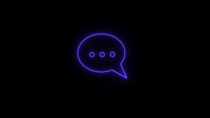 Glowing neon purple speech bubble icon with ellipsis dots on a dark black background representing communication