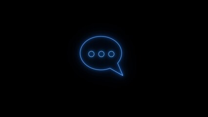 Glowing blue neon speech bubble icon with three dots indicating ongoing conversation or typing on a dark background