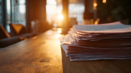 Stack of documents bathed in warm sunlight on a wooden desk.