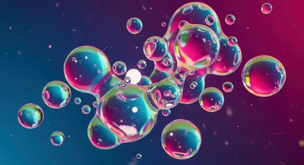 Iridescent, fluid blobs and spheres with bright reflections against a gradient background