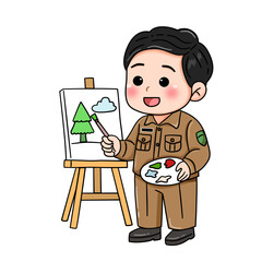 Cartoon Figure Painting Landscape on Easel with Palette.