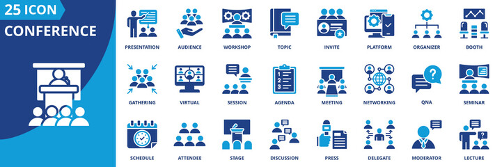Conference icon set collection in flat style. Icon pack contains conference, meeting, seminar, workshop, audience, presentation, networking, discussion, agenda, session
