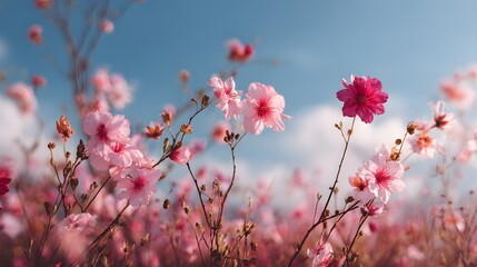 Delicate pink and magenta blossoms bloom against a bright blue sky.
