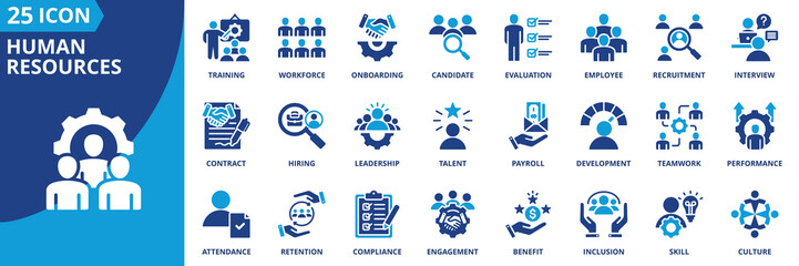 Human resources icon set collection in flat style. Icon pack contains recruitment, hiring, interview, candidate, employee, workforce, onboarding, training, development, evaluation