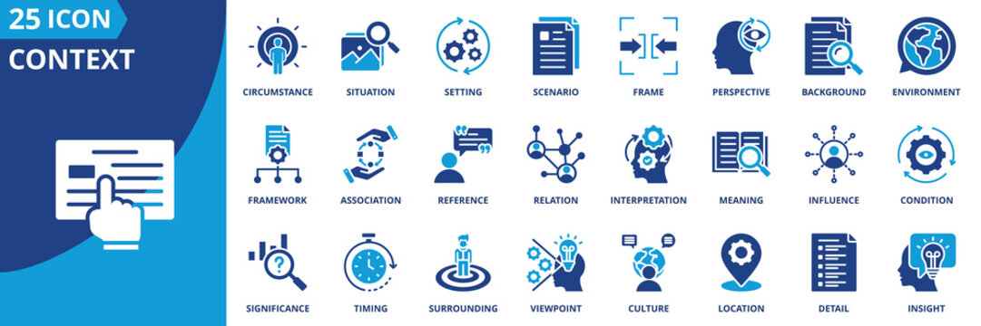 Context icon set collection in flat style. Icon pack contains context, background, situation, setting, scenario, frame, environment, perspective, circumstance, condition