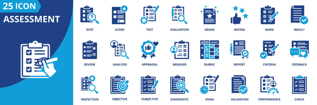 Assessment icon set collection in flat style. Icon pack contains assessment, evaluation, test, quiz, grade, score, mark, rating, review, analysis