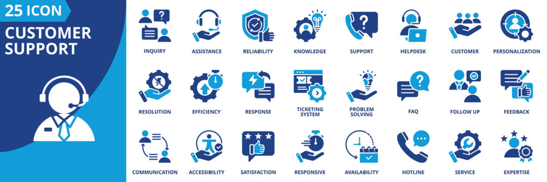 Customer support icon set collection in flat style. Icon pack contains support, helpdesk , service, customer, assistance, inquiry, ticketing system, response, feedback, problem solving