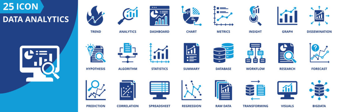 Data analytics icon set collection in flat style. Icon pack contains analytics, insight, metrics, dashboard, chart, graph, trend, algorithm, statistics, database