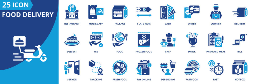 Food delivery icon set collection in flat style. Icon pack contains delivery, order, food, courier, package, restaurant, hotbox, tracking, fastfood, service