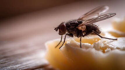Insect on food, close-up of fly feeding on dairy product.