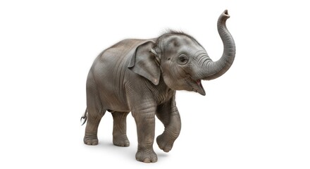 Fototapeta premium Baby elephant playfully raises its trunk, radiating charm against a clean white backdrop, symbolizing youthful innocence