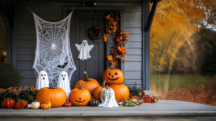 Obraz premium Haunted Elegance: Spooky Halloween Decor with Pumpkins, Ghosts, and Witchy Vibes Framing the Perfect Copy Space