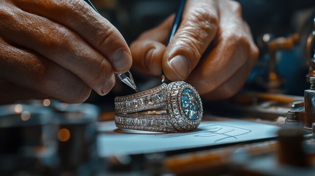 Jeweler's Hands Precisely Setting Diamonds on a Luxurious, Intricate Ring with a Prominent Blue Gemstone