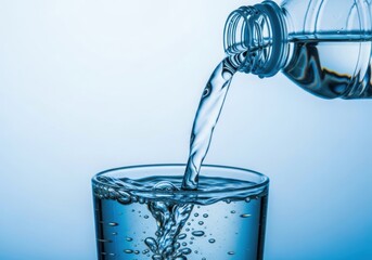 Fresh water pouring from bottle into glass isolated on white background