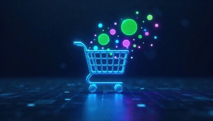 Abstract representation of online shopping cart dynamics, digital transactions, and e commerce growth. Abstract, glowing geometric shapes representing digital goods flowing into and out of a stylized,