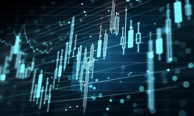 Financial stock market candlestick chart animation showing investment and trading data against a blurry city skyline background. Abstract business, economy, and forex concept motion graphics video  - Powered by Adobe