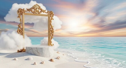 Ornate golden frame on marble pedestal, enveloped by clouds, on serene beach with ocean and colorful sunset sky