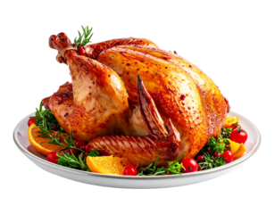 Roasted whole turkey with vegetable, for thanksgiving celebration isolated on a transparent background