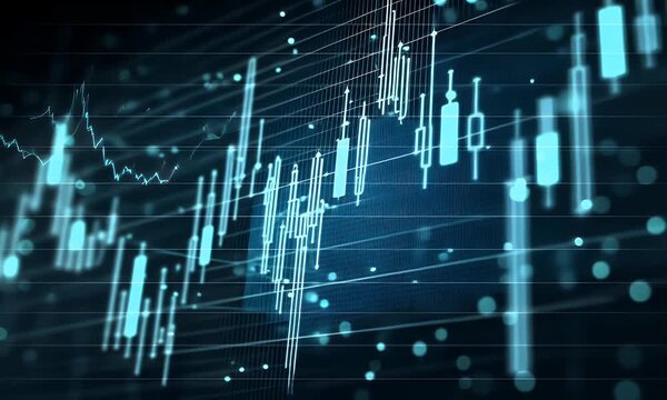 Financial stock market candlestick chart animation showing investment and trading data against a blurry city skyline background. Abstract business, economy, and forex concept motion graphics video  - Powered by Adobe