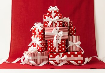 Festive christmas gifts stacked high red and white ribbons isolated on white background