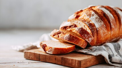 Sliced artisan bread rests on a cutting board with a striped cloth.