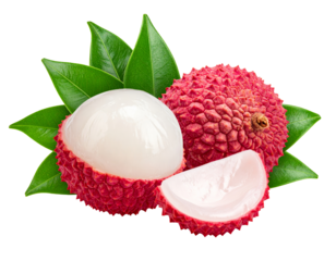 Lychee with leaves isolated on a transparent background.