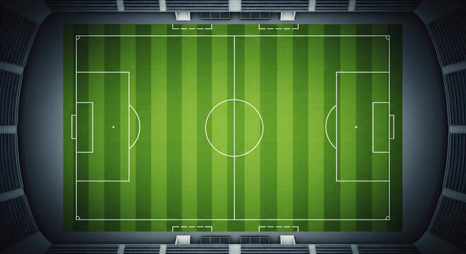 Aerial view of an empty soccer stadium with a well-marked green soccer field, perfect for sports event promotions and football match highlights