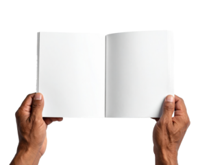 Hands holding empty open book with white paper isolated on a transparent background.
