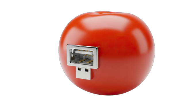 Red tomato with usb flash drive connector, isolated on transparent background