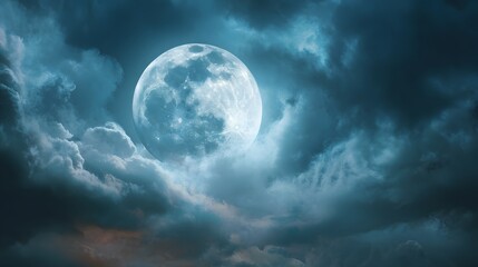 Fototapeta premium Luminous full moon shines brightly through dramatic, cloudy night sky.