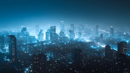 Urban skyline glows with electric blue light on a hazy night.