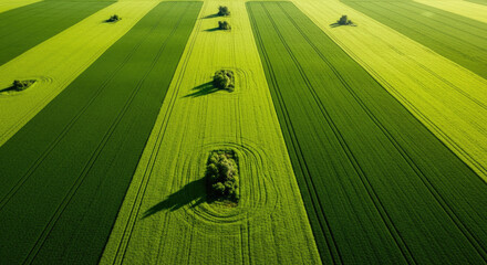 Aerial view of bright green agricultural fields with tractor lines and isolated tree clusters casting shadows in summer
