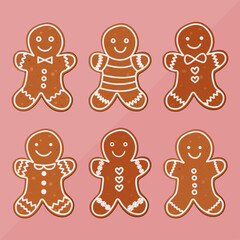 Set of cute traditional Christmas gingerbread cookies, vector illustration	
