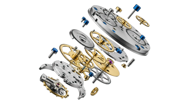 Exploded view of a mechanical watch movement isolated on transparent background - Powered by Adobe