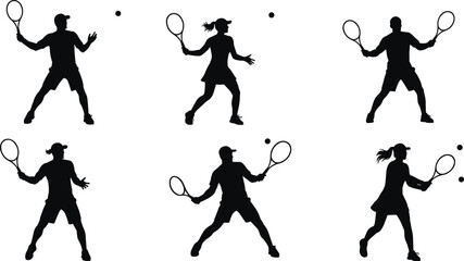 Silhouette Tennis Players in Action Poses with Rackets and Balls, Forehand, Backhand, Serve, Calm Mood, Six-Scene Sports Series