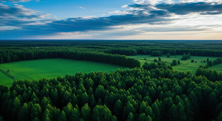 Fototapeta premium Aerial view of expansive green forest and fields under blue cloudy sky, perfect for nature and environment projects