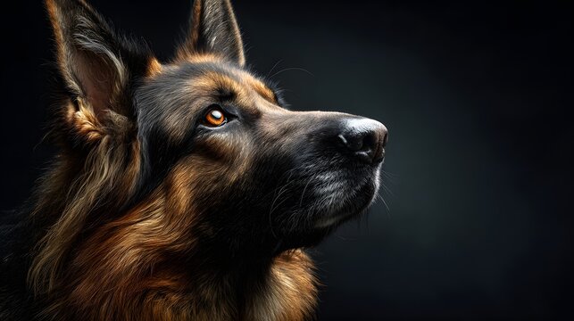 Alert German Shepherd dog with intelligent amber eyes gazes intently.