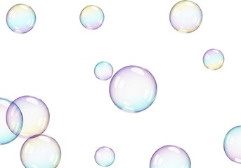 Clear soap bubbles floating gracefully in white space isolated on white background