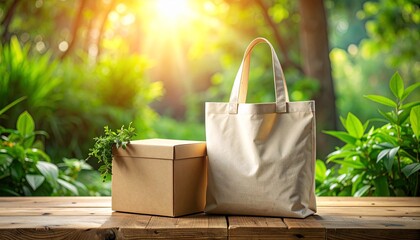 Eco-friendly tote bag and cardboard box on a wooden table, surrounded by lush green nature and bright sunlight