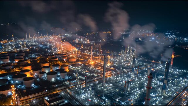 Nighttime Industrial Marvel: Capturing the grandeur of an industrial complex at night, showcasing intricate networks, and a symphony of lights.