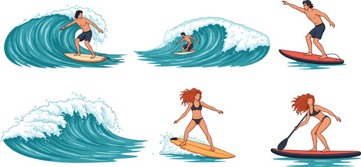 Surfers and paddleboarder riding ocean waves in dynamic poses, showcasing water sports, adventure, summer lifestyle, and coastal recreation vibes © MDTanvir