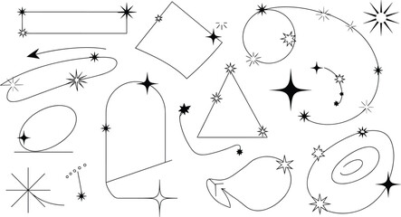 Abstract star burst shapes, cosmic doodle frames, celestial swirl lines, minimalist sparkle borders, hand-drawn space elements