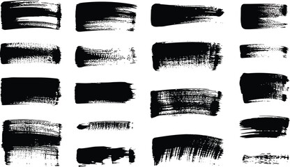 Black grunge brush stroke textures, abstract ink paint smears, rough artistic strokes for background, design elements, and decoration