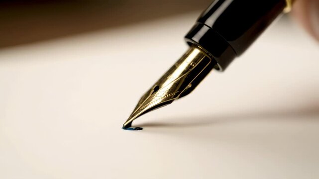 Close-up of a fountain pen nib angled towards blank paper. The pen is black and gold. Depth of field is shallow