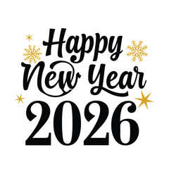 Happy New Year 2026 Celebration with Golden Fireworks on a Dark Blue Background,Modern new year 2026 greeting card design with festive elements and bold typography,