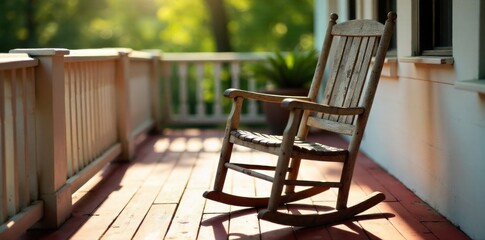 Weathered wooden rocking chair on a sun drenched porch with a gentle breeze rustling nearby autumn leaves. A weathered wooden rocking chair sits empty on a sun drenched porch. Golden autumn leaves are