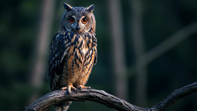 Long eared owl perched on a branch in the dark forest
